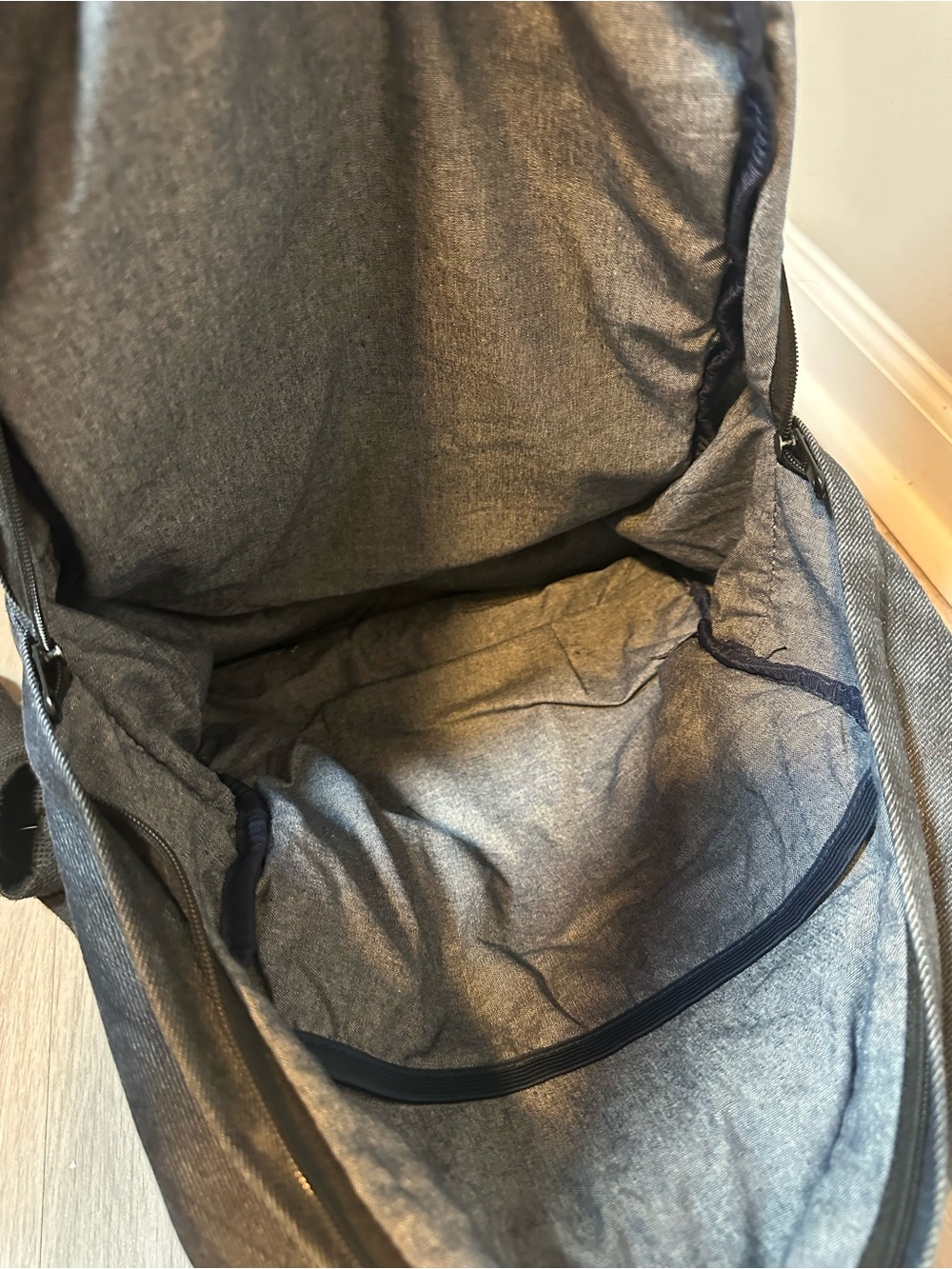 True Religion Gray Denim Backpack Black Suede Trim Laptop School Travel Bag - Picture 3 of 8
